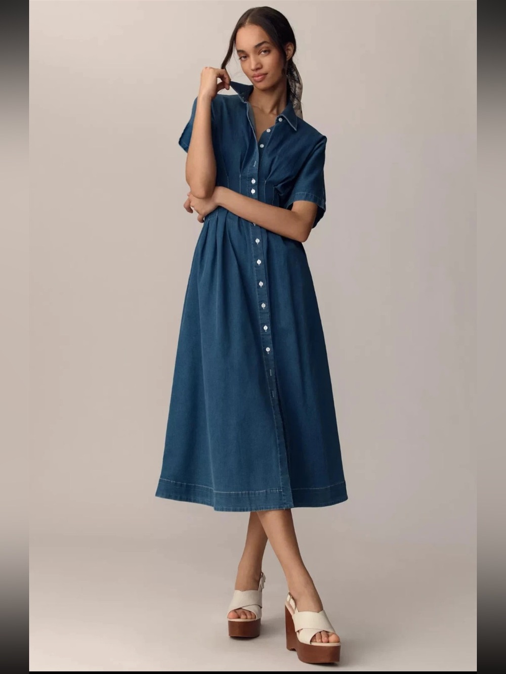 Button-Front Midi Shirt Dress in Blue Denim